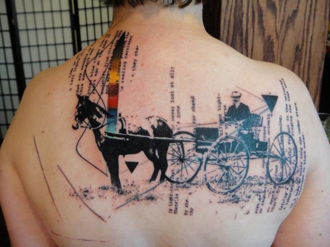 Abstract Horse Cart Tattoo On Man Upper Back