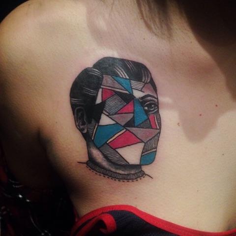 Abstract Man Face Tattoo On Girl Right Front Shoulder