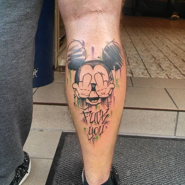 Abstract Mickey Mouse Tattoo On Leg Calf