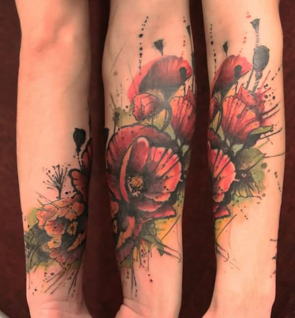 Abstract Opium Poppy Flowers Tattoo On Full Sleeve
