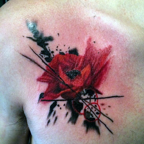 Abstract Opium Poppy Tattoo On Left Back Shoulder