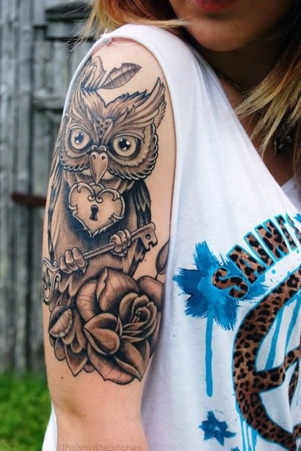 Abstract Owl With Key And Rose Tattoo On Right Half Sleeve