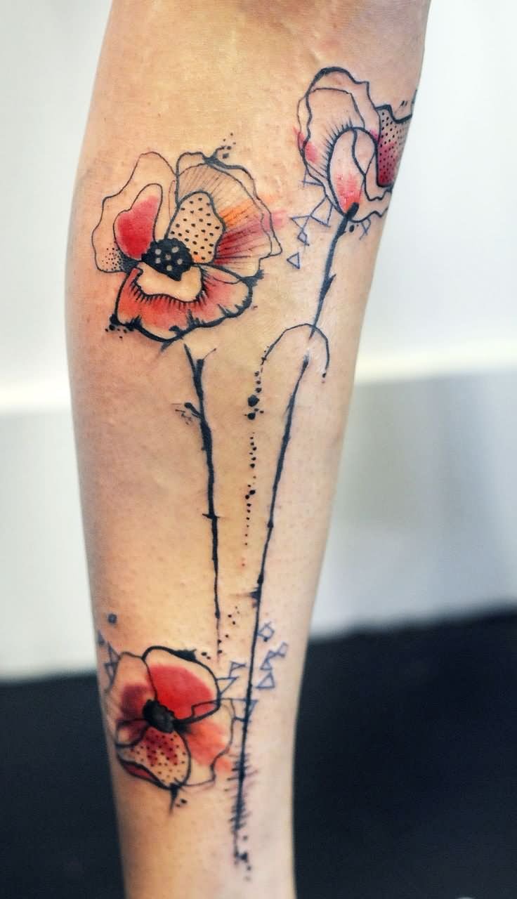 Abstract Poppy Flowers Tattoo Design For Leg By Katie Eggleston