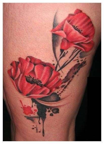 Abstract Poppy Flowers Tattoo Design For Thigh By RubyCherryShop