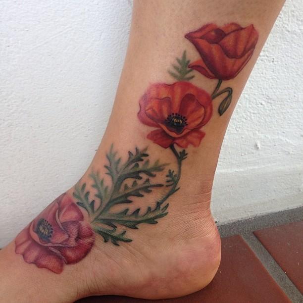Abstract Poppy Flowers Tattoo On Ankle