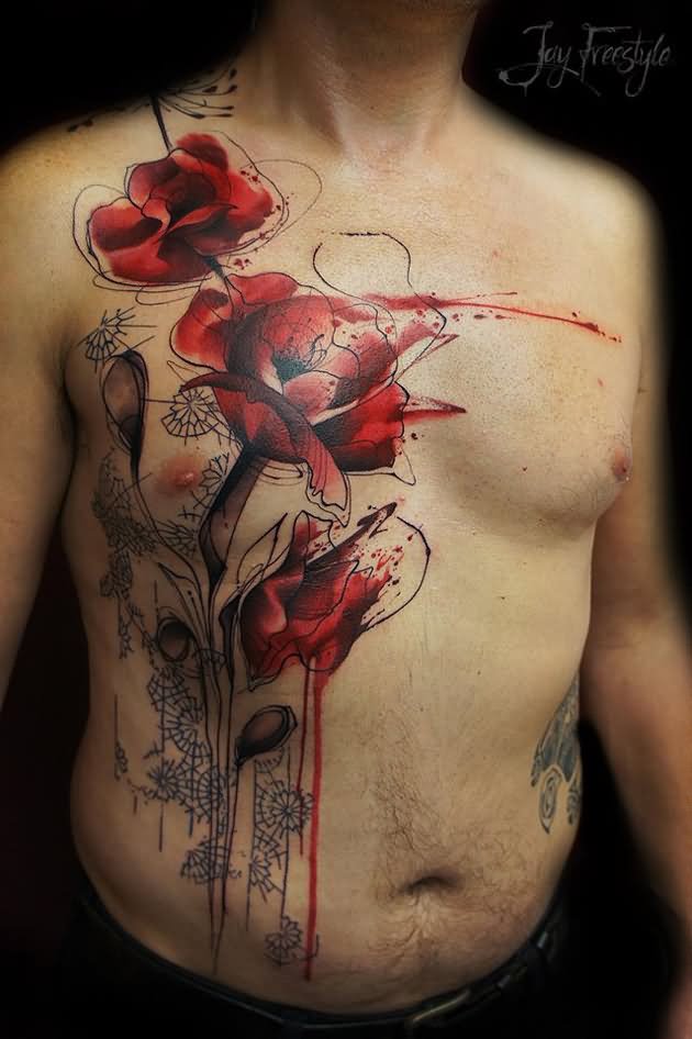 Abstract Poppy Flowers Tattoo On Man Chest