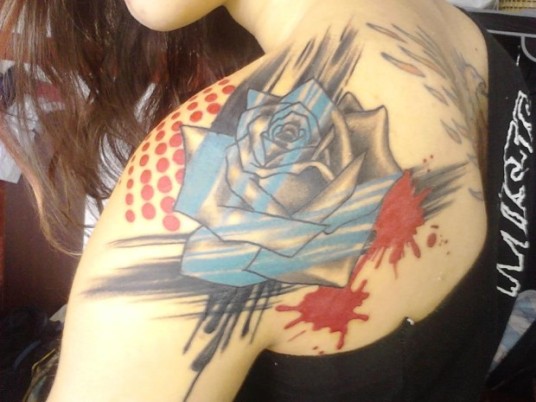 Abstract Rose Tattoo On Girl Left Back Shoulder