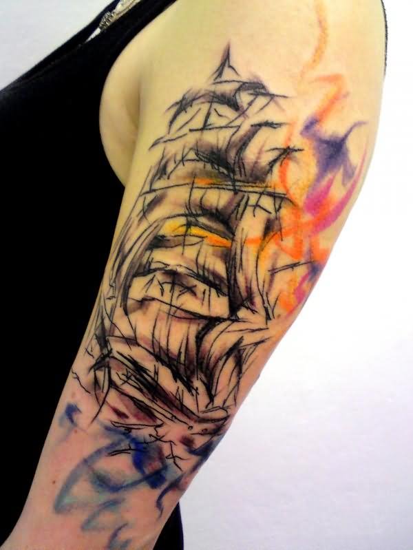 Abstract Ship Tattoo On Girl Left Half Sleeve