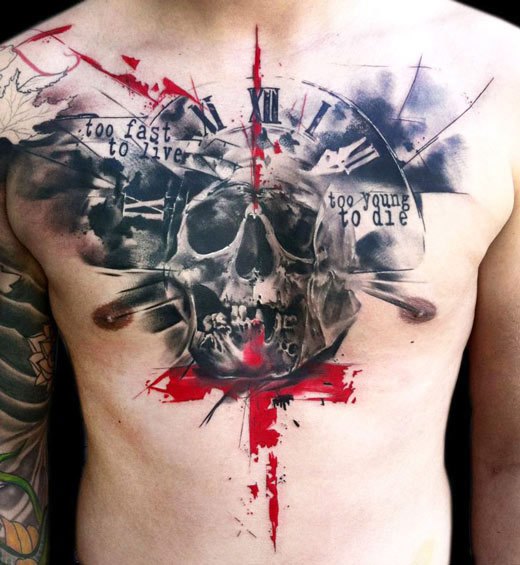 Abstract Skull With Clock Tattoo On Man Chest