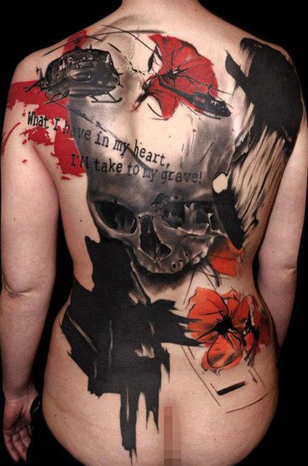 Abstract Skull With Helicopter Tattoo On Man Full Back