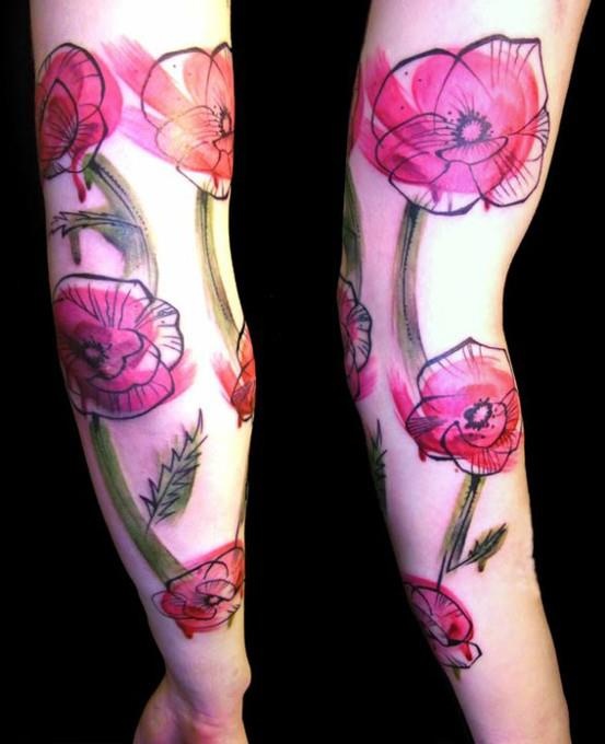 Abstract Watercolor Flowers Tattoo On Full Sleeve