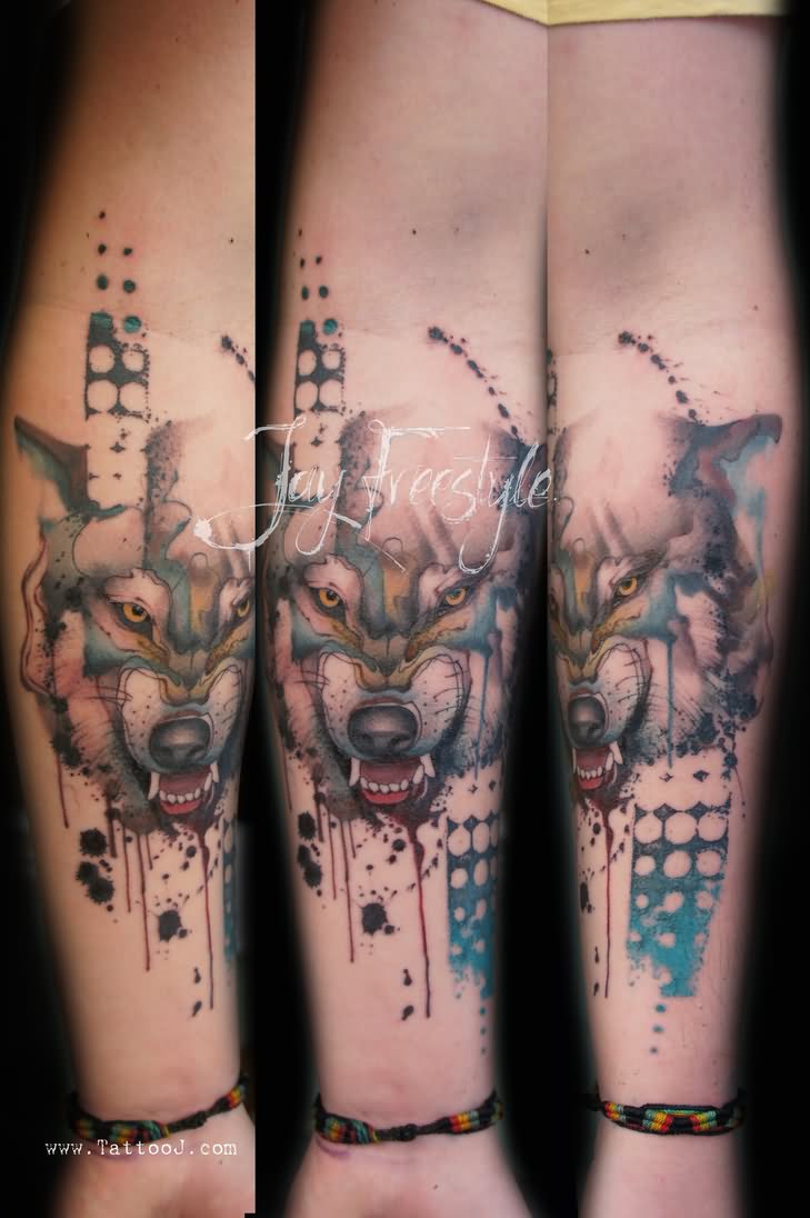 Abstract Wolf Head Tattoo On Forearm