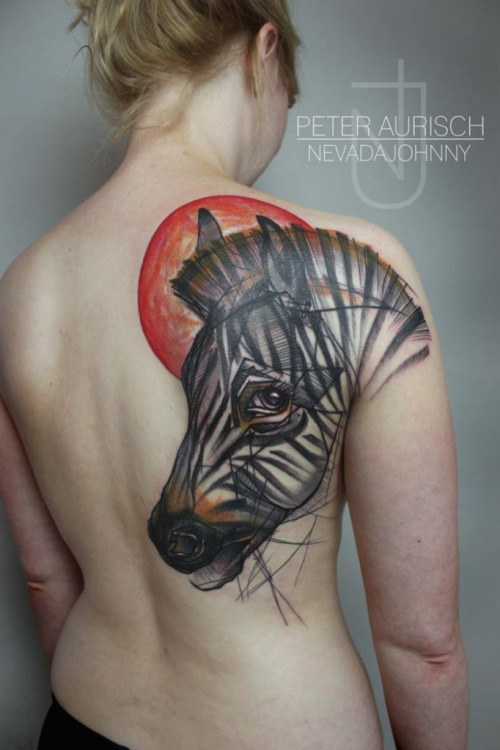 Abstract Zebra Head Tattoo On Girl Right Back Shoulder