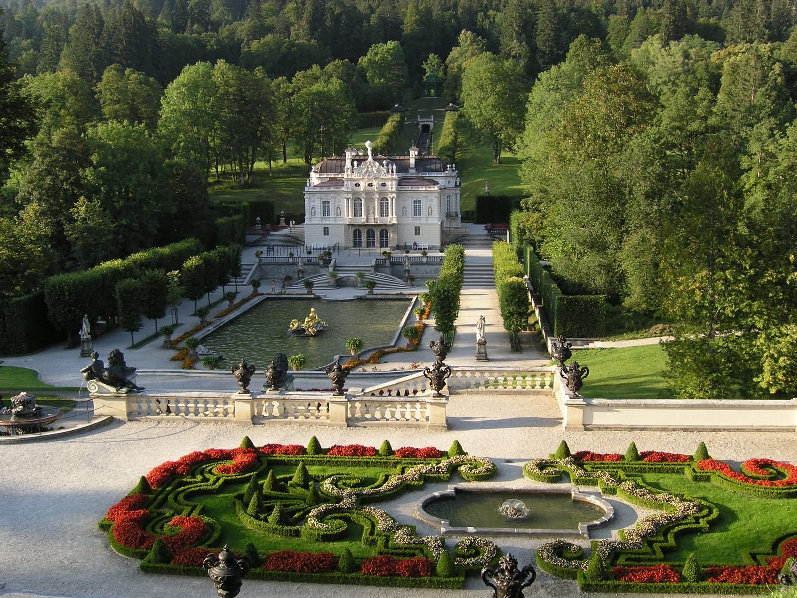 Aerial Front Picture Of The Linderhof Palace In Bavaria, Germany