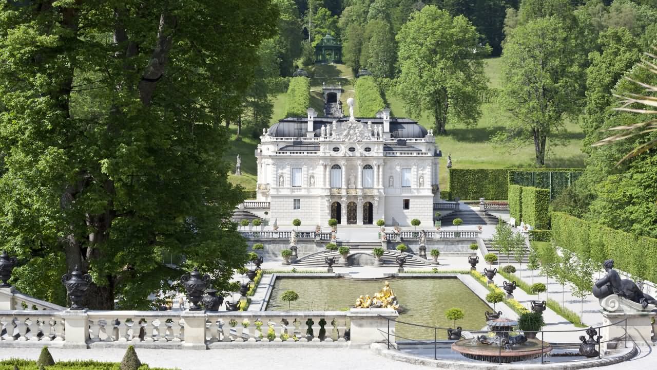 Aerial Front Picture Of The Linderhof Palace