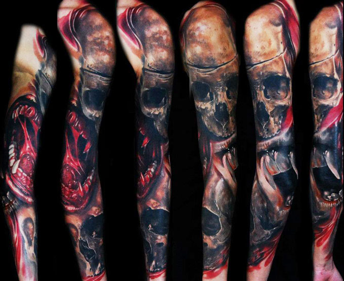 Amazing 3D Horror Skull Tattoo On Full Sleeve