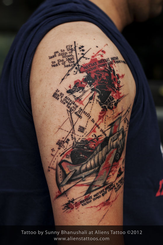 Amazing Abstract Airplane Tattoo On Man Right Half Sleeve
