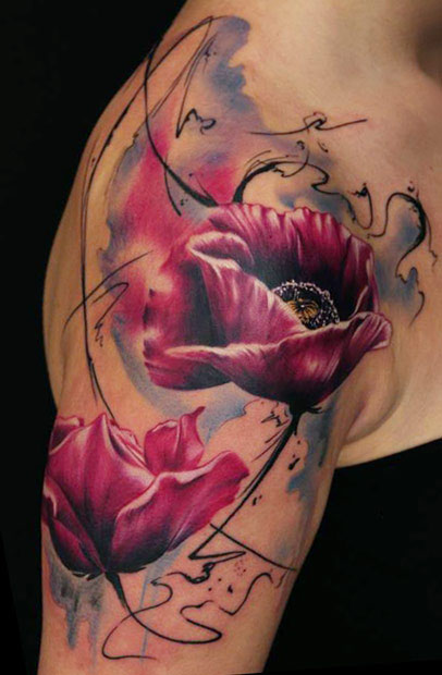 Amazing Abstract Flowers Tattoo On Right Shoulder By Florian Karg