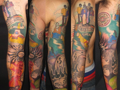 Amazing Colorful Beatles Tattoo Design For Full Sleeve