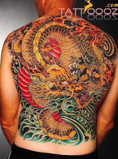 Amazing Colorful Dragon Tattoo On Full Back