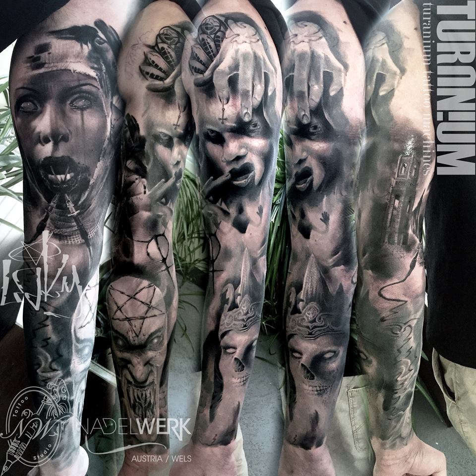 Amazing Grey Ink Sleeve Tattoo