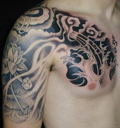 Amazing Japanese Cloud With Lotus Flowers Tattoo On Right Shoulder