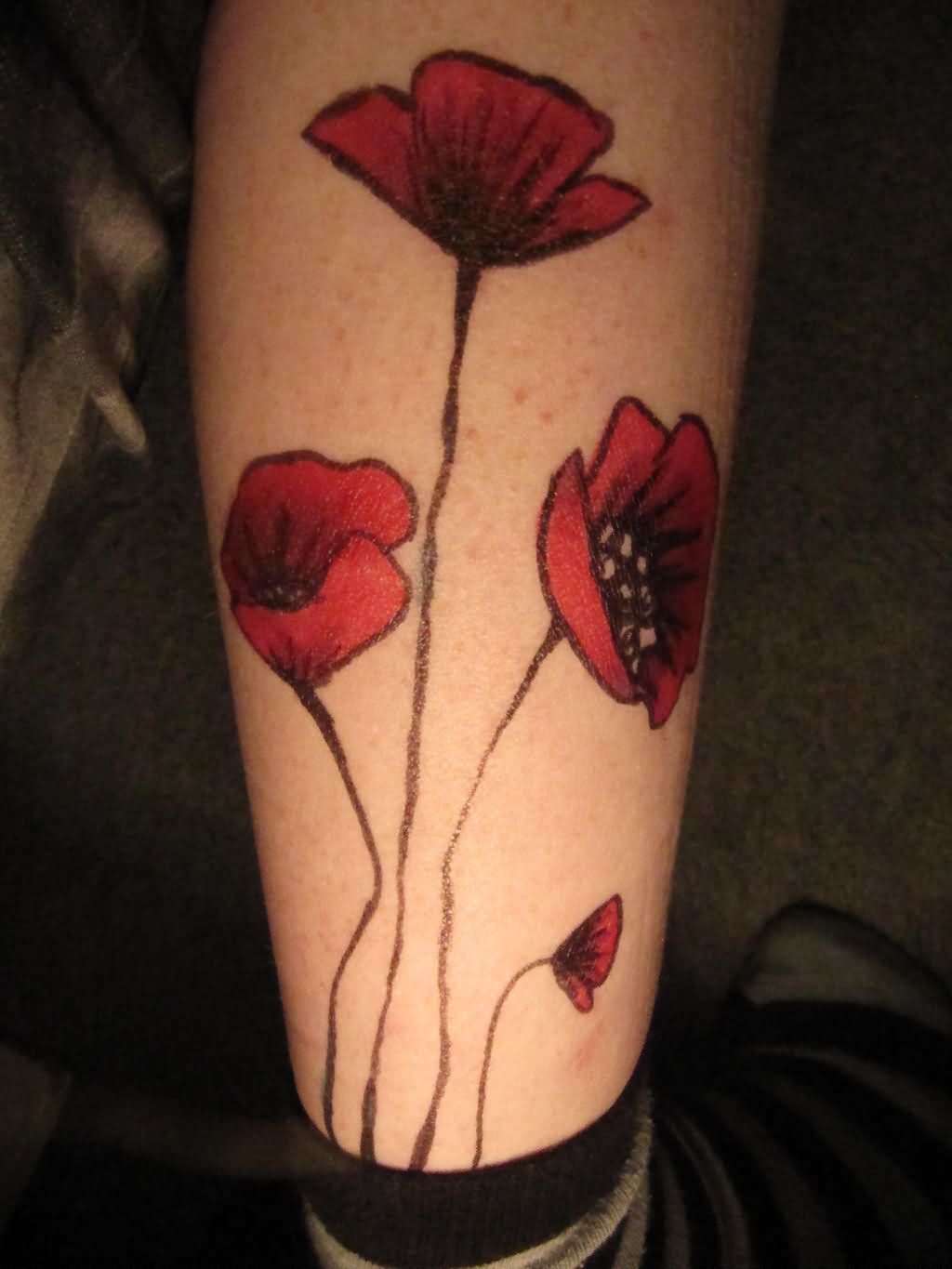 Amazing Poppy Flowers Tattoo Design For Leg