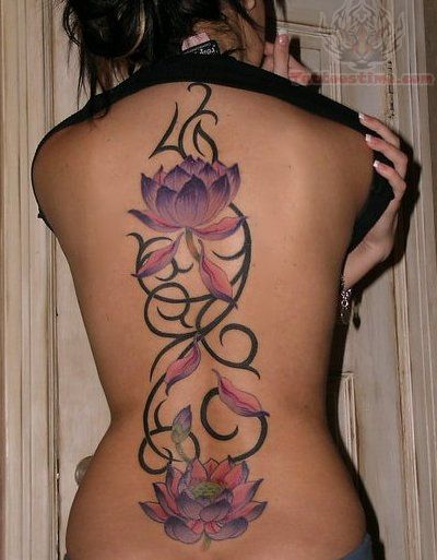 Amazing Two Lotus Flower With Tribal Design Tattoo On Women Full Back