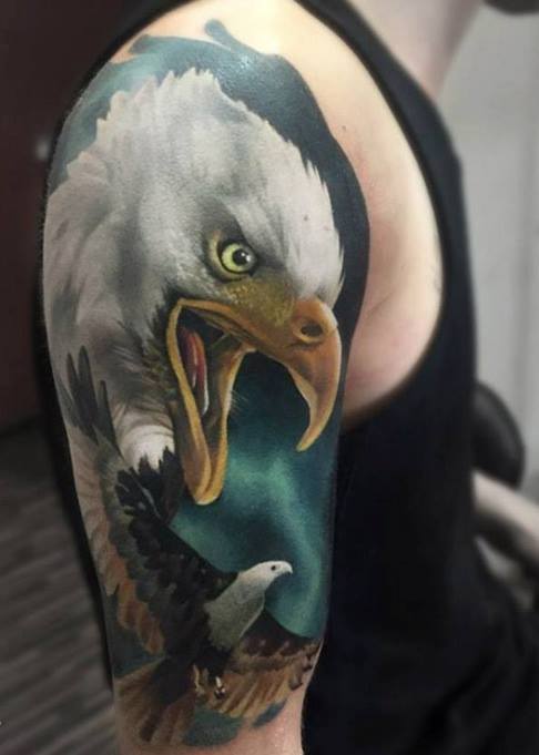 Angry Eagle Tattoo On Right Half Sleeve