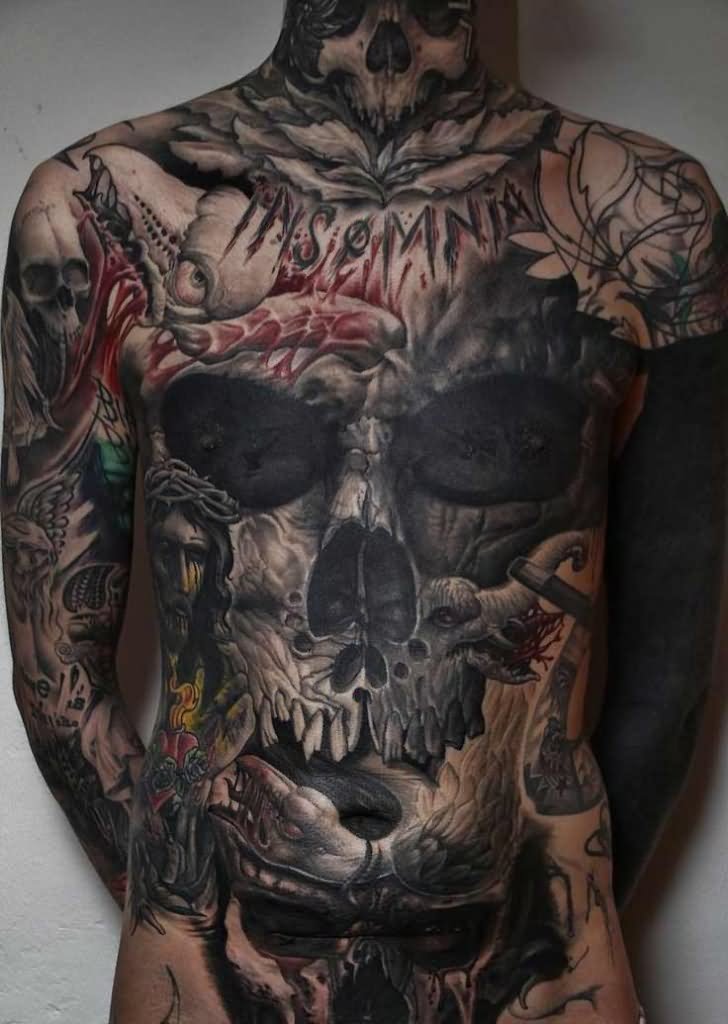 Attractive 3D Horror Skull Tattoo On Man Full Body
