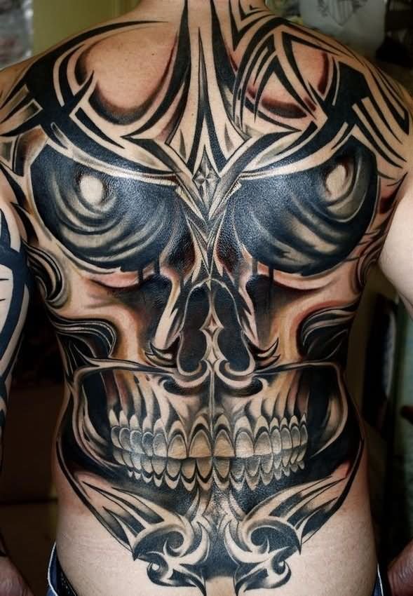 Attractive Black Ink 3D Tribal Skull Tattoo On Full Back