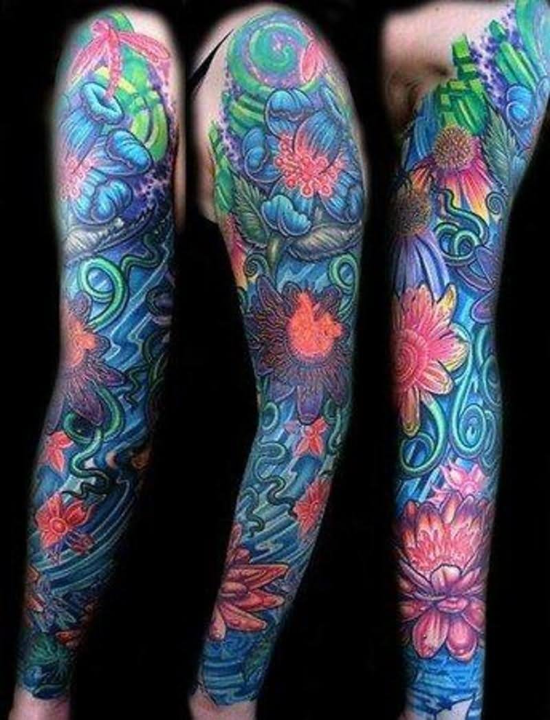 Attractive Colorful Flowers Tattoo On Left Full Sleeve
