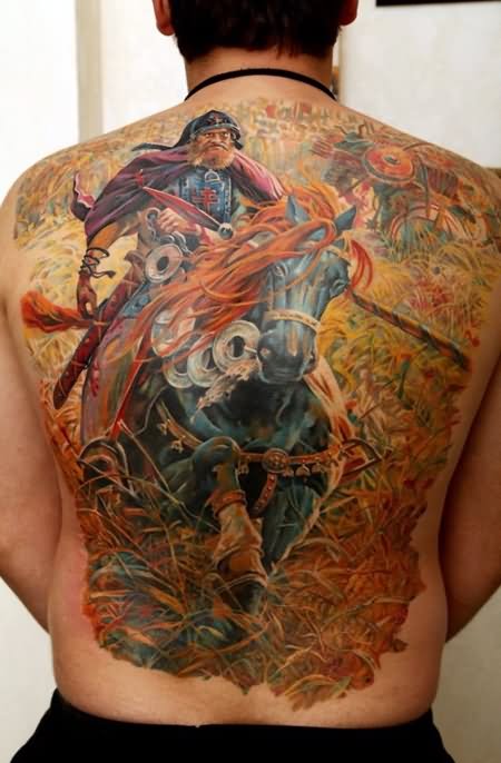 Attractive Colorful Warrior On Horse Tattoo On Man Full Back By Dmitriy Samohin