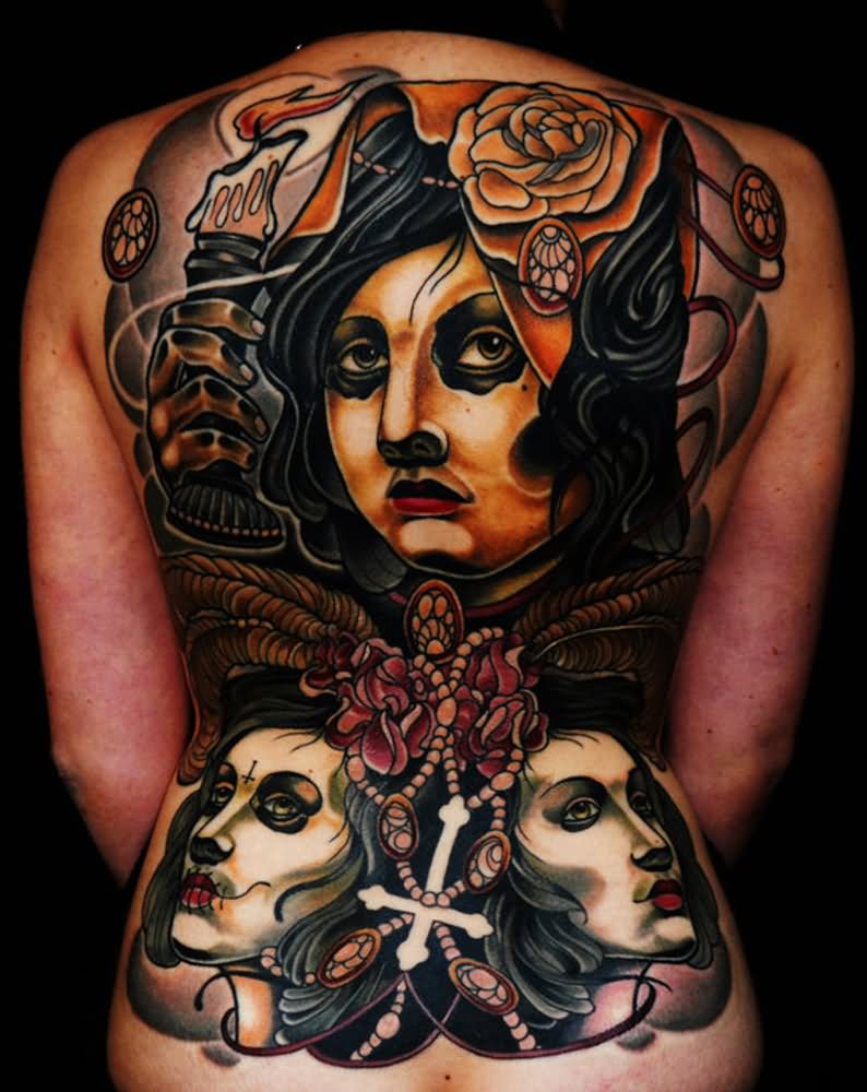 Attractive Girl Face With Flowers And Rosary Cross Tattoo On Full Back By Adrian Machete