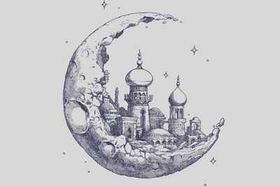 Attractive Half Moon With Taj Mahal Tattoo Design
