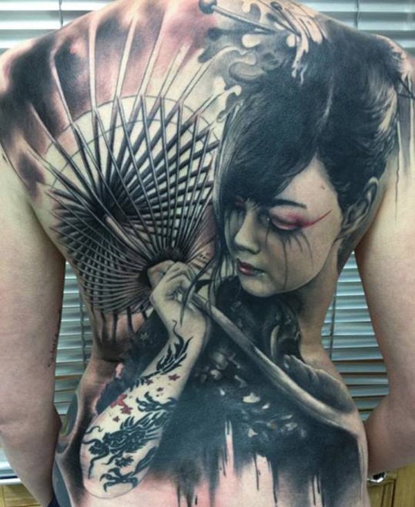 Attractive Japanese Geisha Tattoo On Full Back