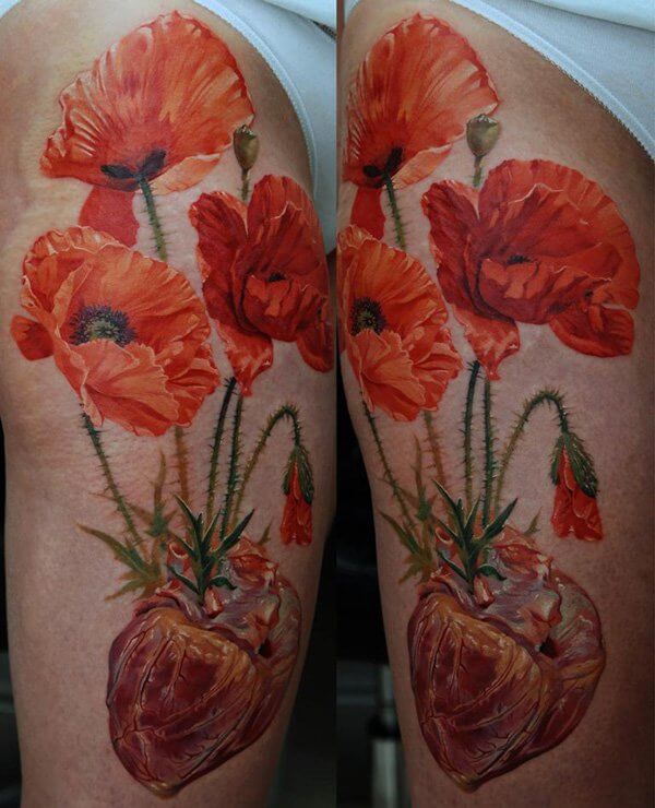 Attractive Poppy Flowers Tattoo Design For Half Sleeve