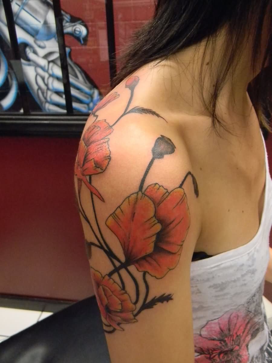 Attractive Poppy Flowers Tattoo On Girl Right Shoulder