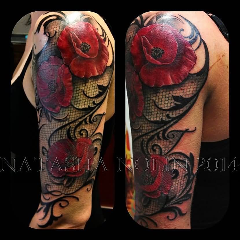 Attractive Poppy Flowers Tattoo On Left Half Sleeve