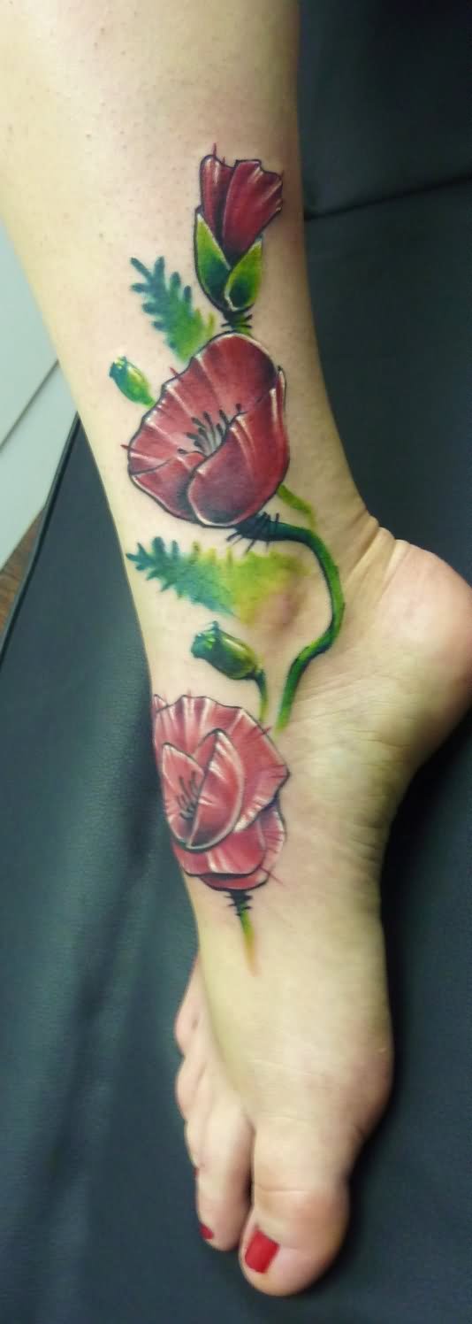 Attractive Poppy Flowers Tattoo On Right Foot