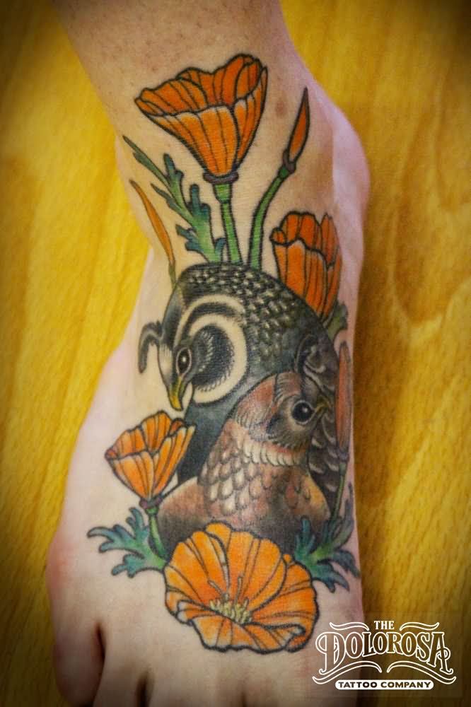 Attractive Poppy Flowers With Birds Tattoo On Right Foot