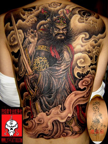 Attractive Warrior With Clouds Tattoo On Man Full Back