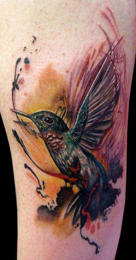 Attractive Watercolor Abstract Humming Bird Tattoo Design For Sleeve