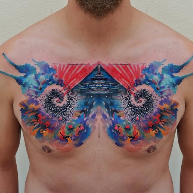 Attractive Watercolor Abstract Tattoo On Man Chest