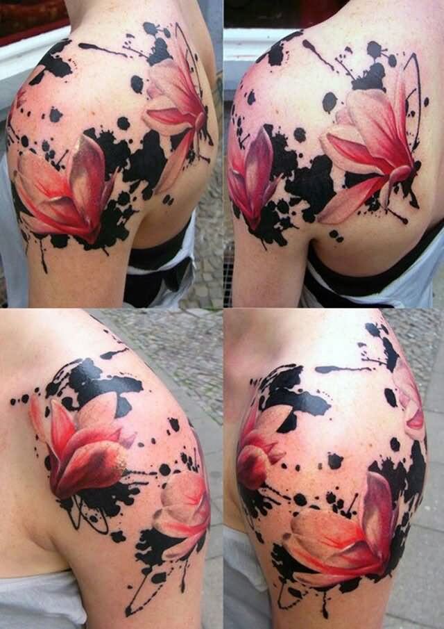 Awesome Abstract Flowers Tattoo On Left Shoulder