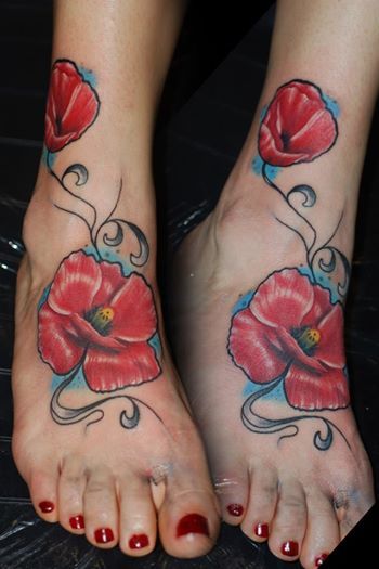 Awesome Poppy Flowers Tattoo On Girl Right Foot