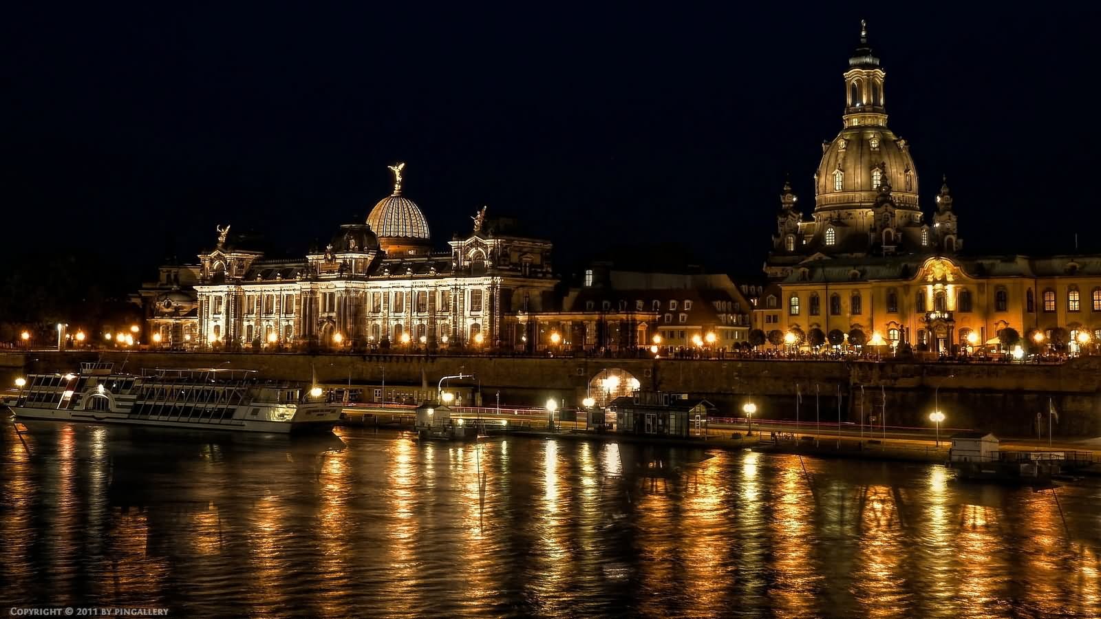 Back View Of The Frauenkirche Dresden Across The River At Night