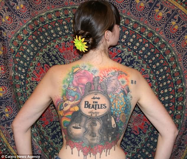 Beatles Drum And Guitars Tattoo On Girl Full Back