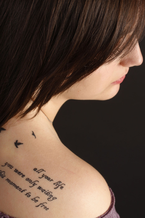Beatles Lyrics Tattoo On Girl Right Back Shoulder