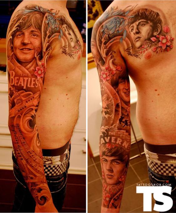 Beatles With Flowers Tattoo On Right Full Sleeve
